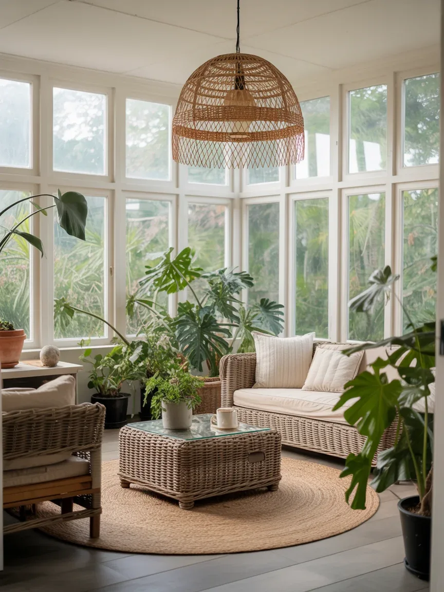 13. Rustic Sunroom With Woven Rattan Fixture 13. Rustic Sunroom With Woven Rattan Fixture