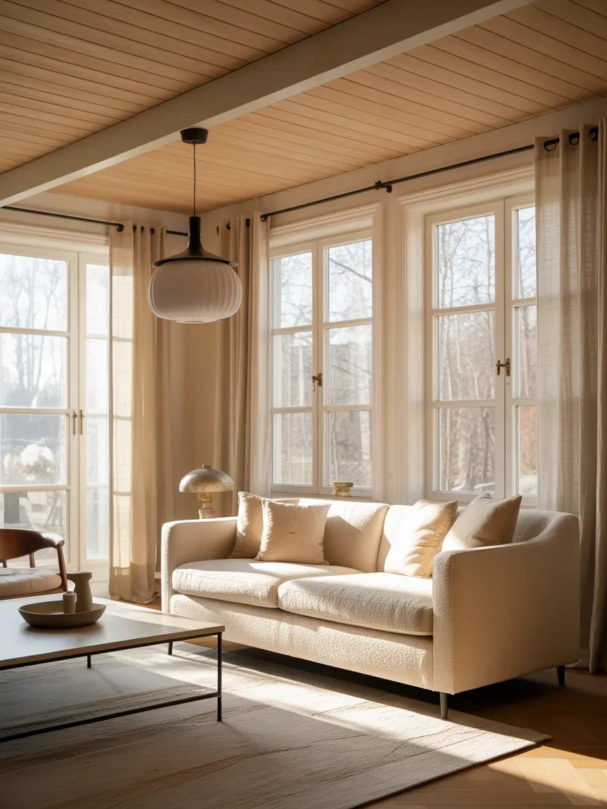 1. Scandinavian Living Room With Light Oak Slat Ceilings 1. Scandinavian Living Room With Light Oak Slat Ceilings