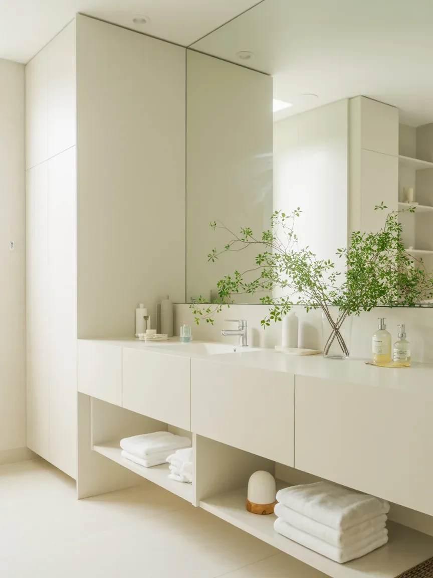 13. Sleek All-White Bathroom With Hidden Storage 13. Sleek All-White Bathroom With Hidden Storage