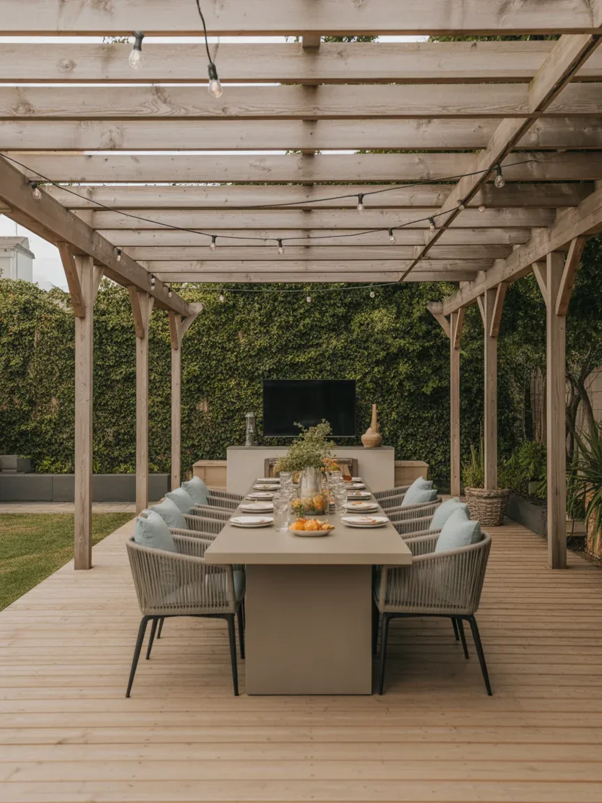 12. Sleek Pergola Dining Space 12. Sleek Pergola Dining Space