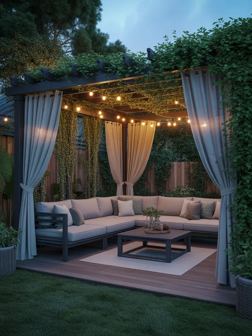 16. Sleek Pergola Lounge With Curtains 16. Sleek Pergola Lounge With Curtains