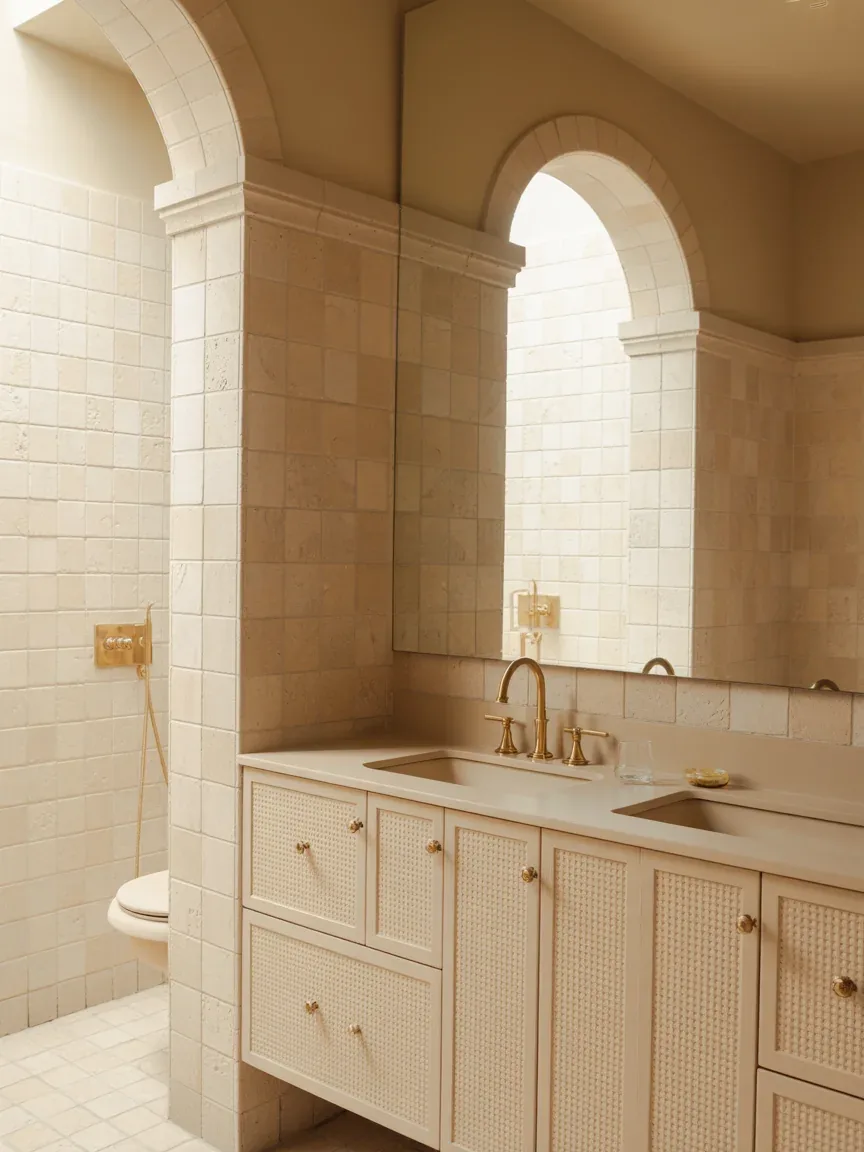 16. Soft Beige Luxury Bathroom With Layered Gold Finishes 16. Soft Beige Luxury Bathroom With Layered Gold Finishes
