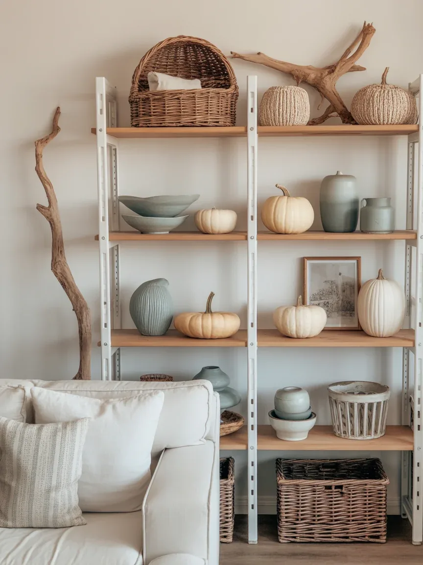 14. Soft Coastal Fall Shelves With Muted Warmth 14. Soft Coastal Fall Shelves With Muted Warmth