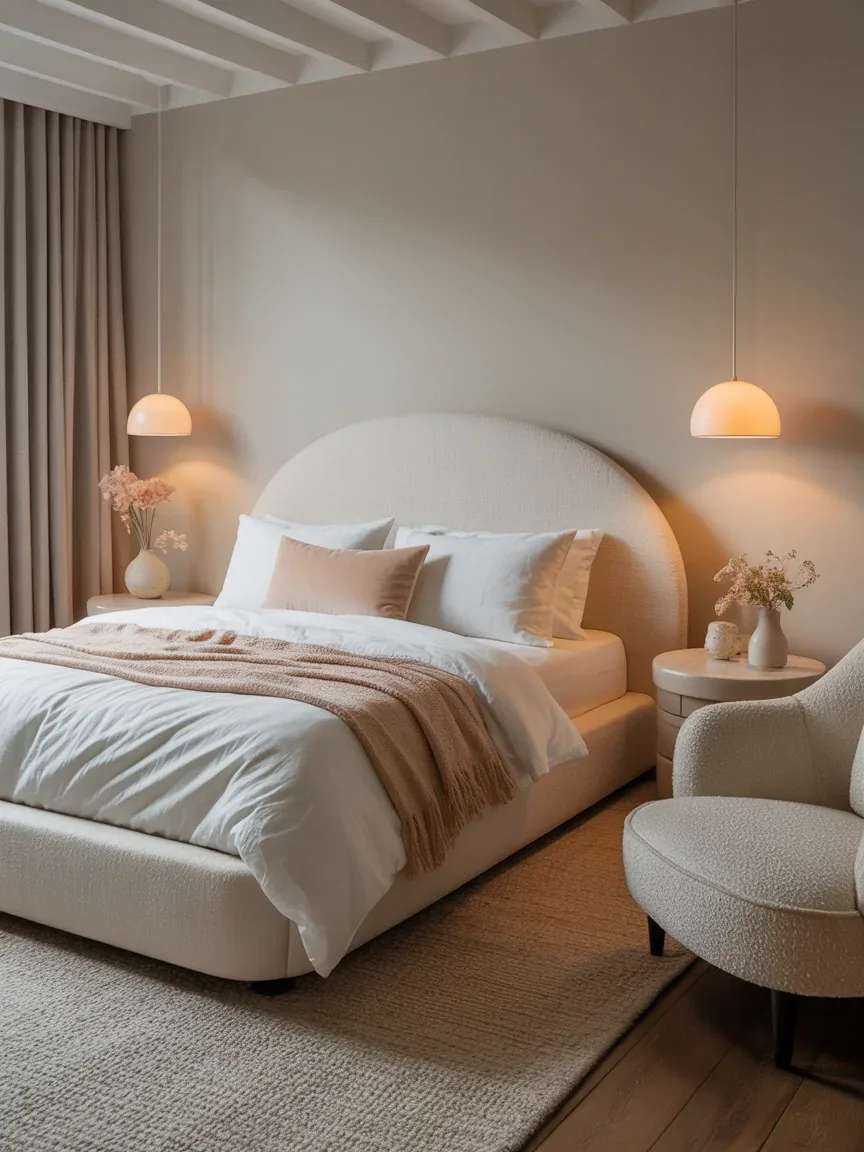 16. Soft Feminine-Neutral Bedroom With Cozy Curves 16. Soft Feminine-Neutral Bedroom With Cozy Curves