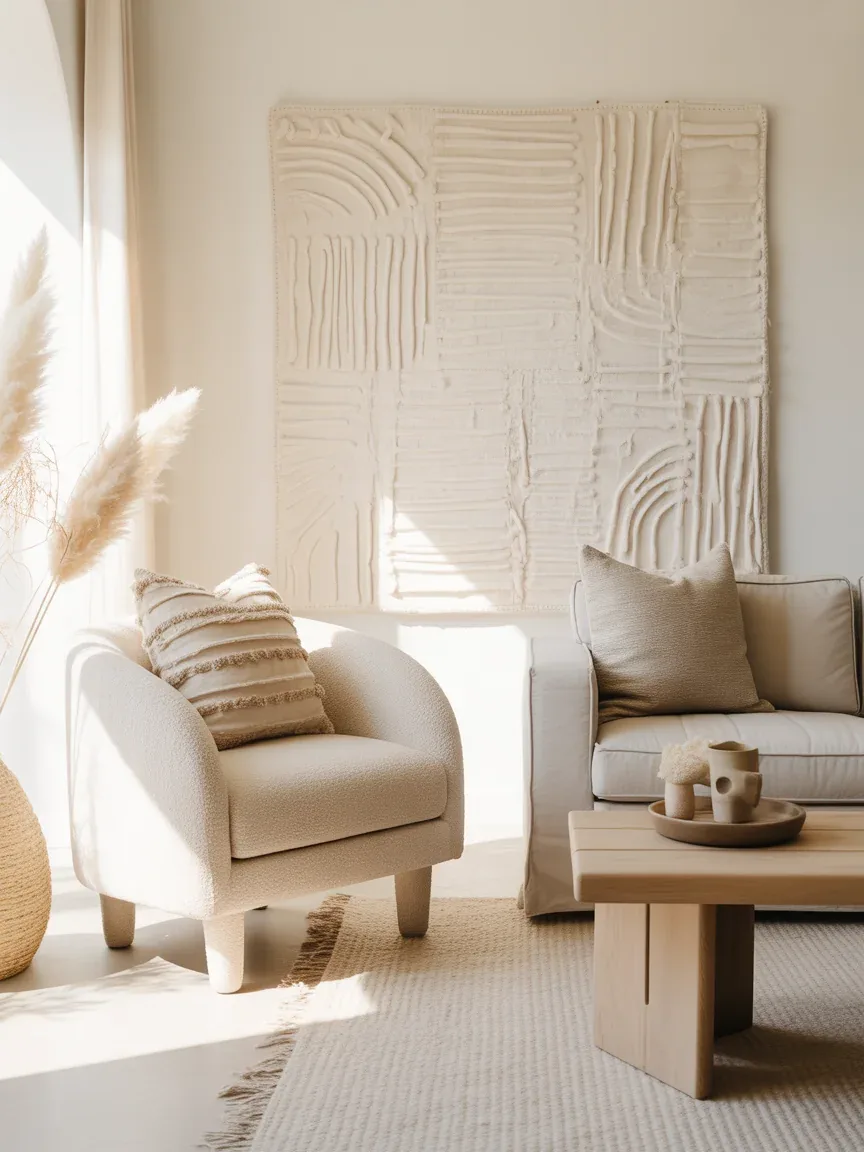 15. Soft Neutral Boho Living Room With Oversized Wall Art 15. Soft Neutral Boho Living Room With Oversized Wall Art