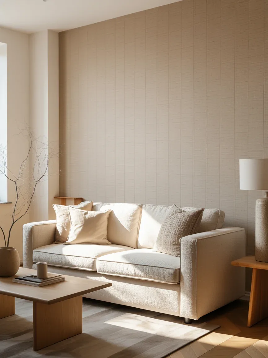 1. Soft Scandinavian Living Room With Warm Beige Wallpaper 1. Soft Scandinavian Living Room With Warm Beige Wallpaper
