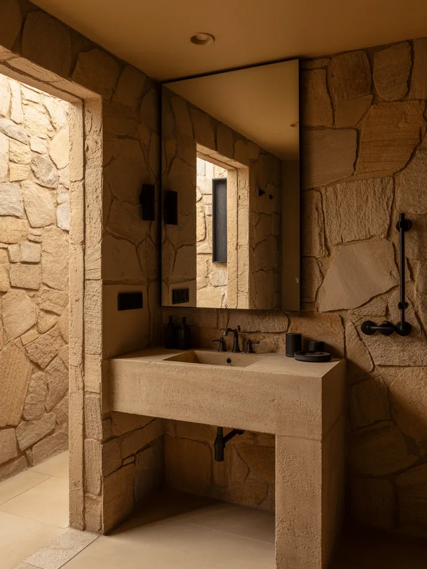 15. Textured Stone Bathroom With Black Fixtures 15. Textured Stone Bathroom With Black Fixtures