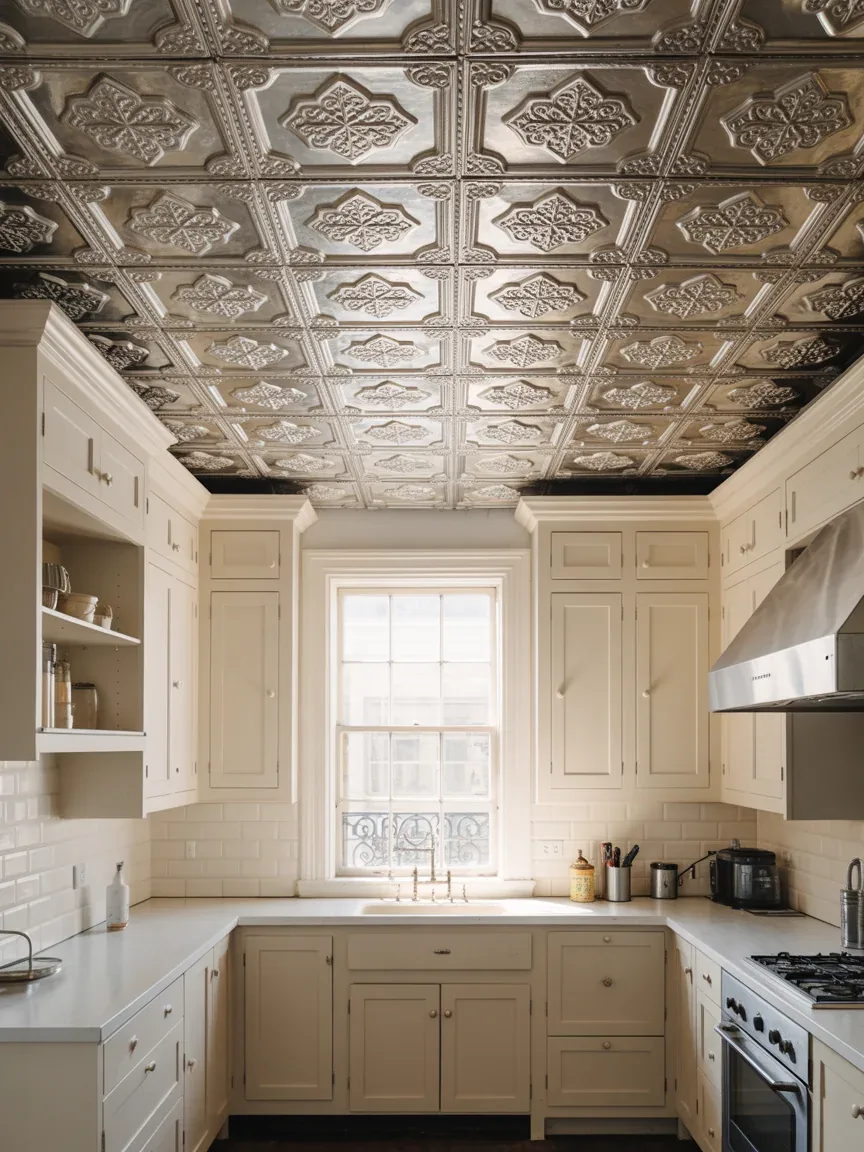 13. Tin Tile Ceiling With Vintage Character 13. Tin Tile Ceiling With Vintage Character
