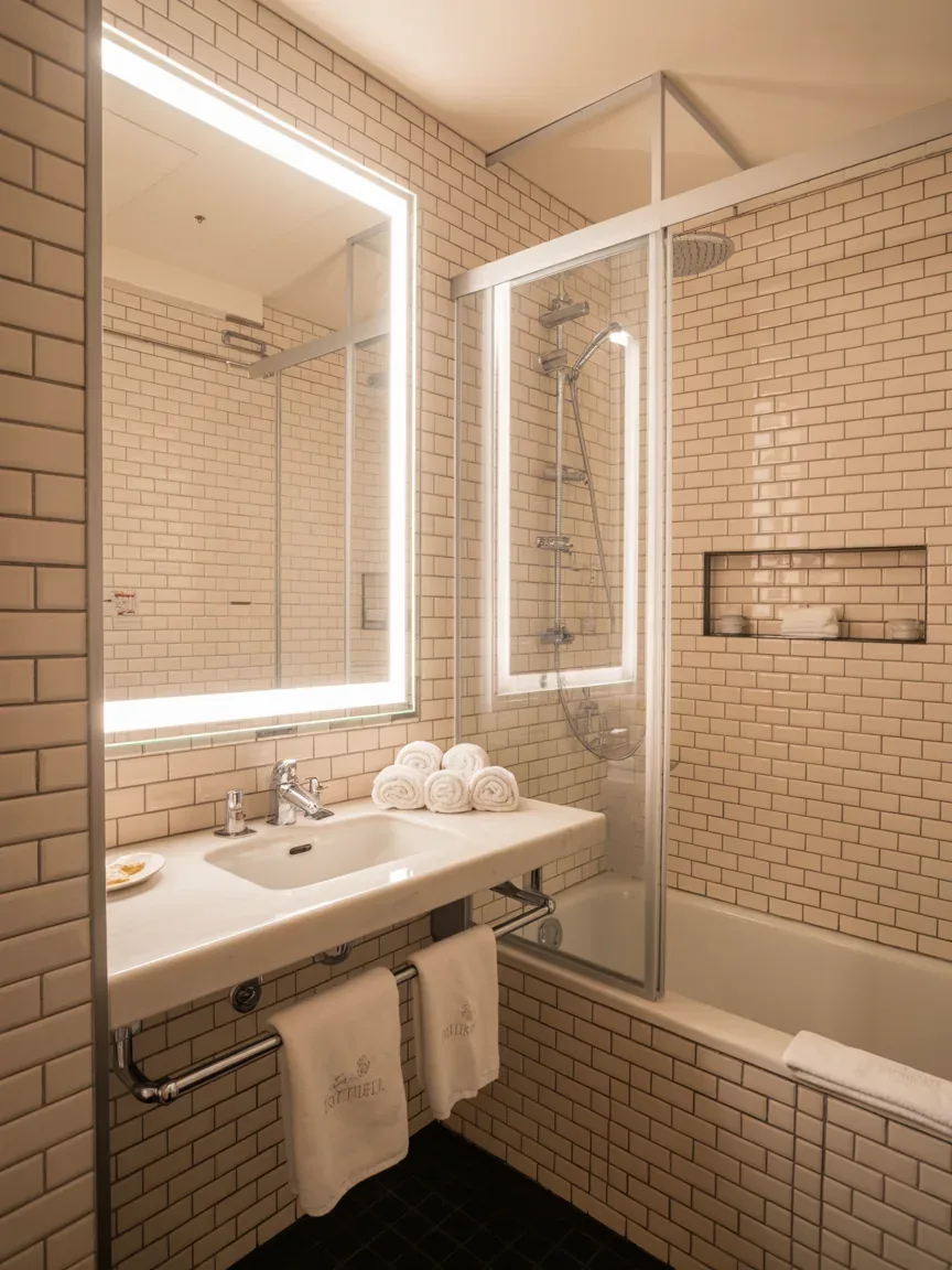 6. Tiny Luxury Hotel Bathroom With Glossy Finishes 6. Tiny Luxury Hotel Bathroom With Glossy Finishes
