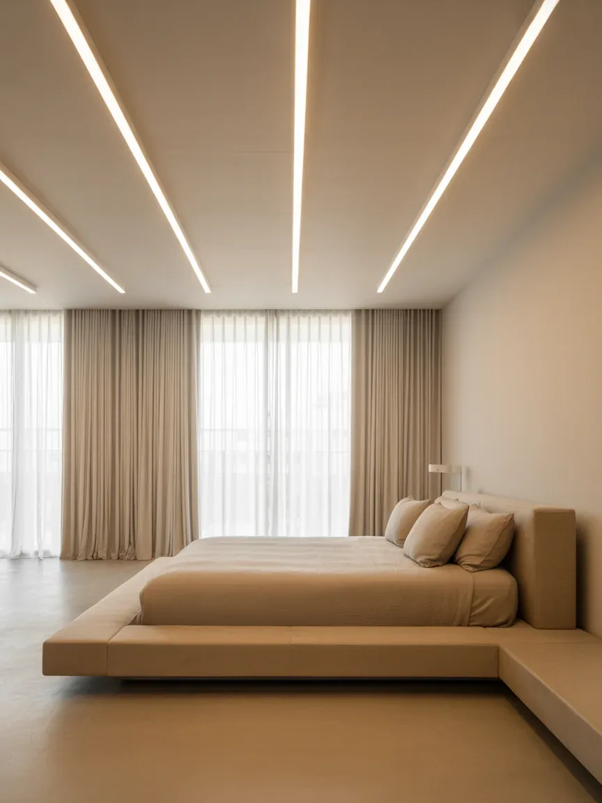 2. Ultra-Minimal Bedroom With Parallel Ceiling Light Lines 2. Ultra-Minimal Bedroom With Parallel Ceiling Light Lines