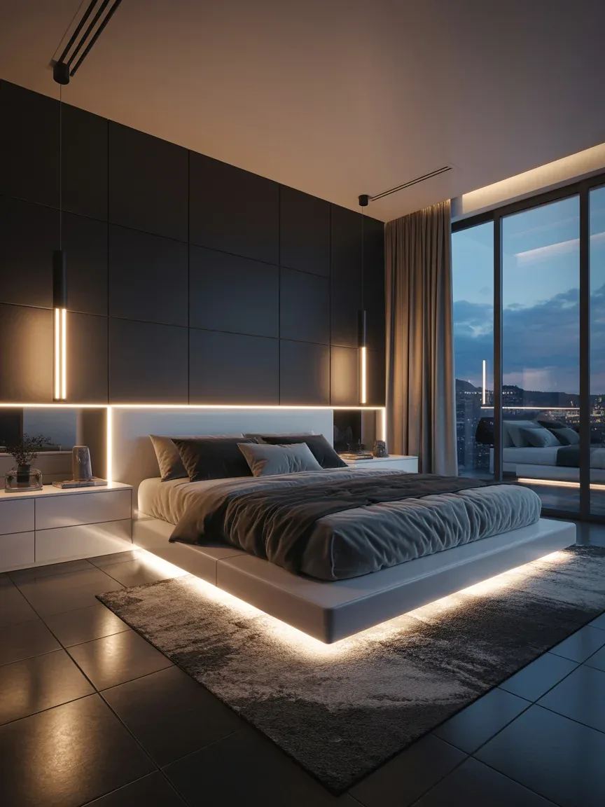 17. Ultra-Modern Monochrome Smart Bedroom 17. Ultra-Modern Monochrome Smart Bedroom
