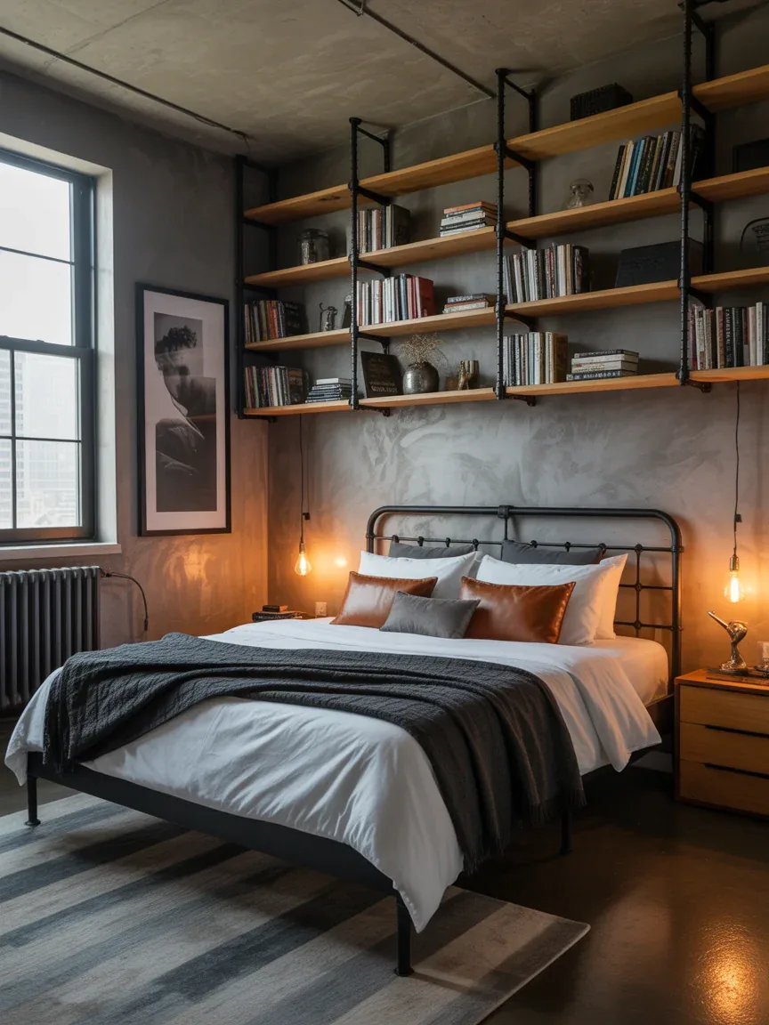 6. Urban Industrial Bedroom With Exposed Storage 6. Urban Industrial Bedroom With Exposed Storage