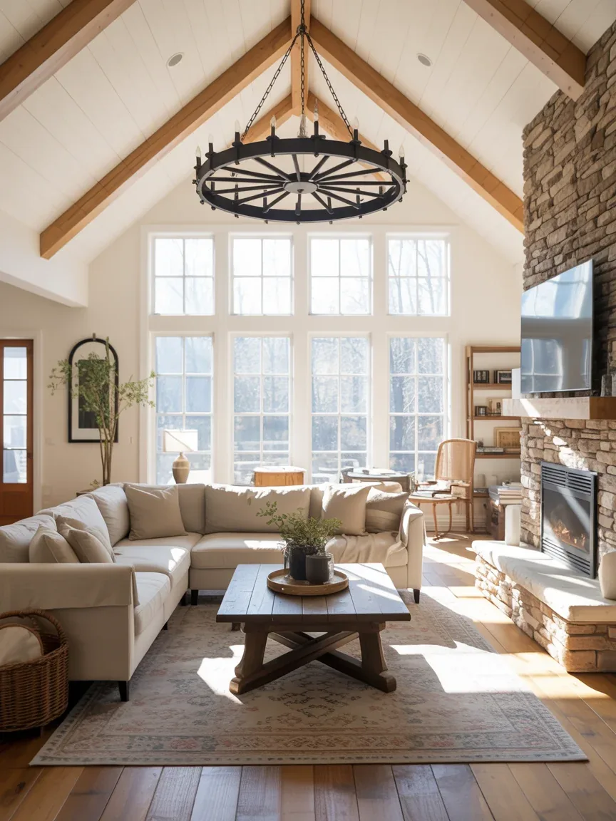 1. Vaulted Living Room With A Wagon Wheel Chandelier 1. Vaulted Living Room With A Wagon Wheel Chandelier