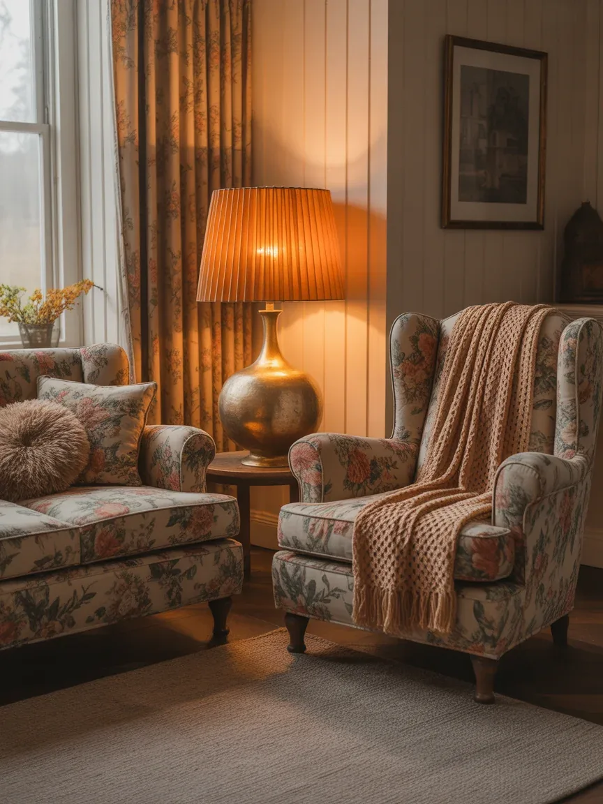 8. Vintage Cottage Living Room With Soft Amber Glow 8. Vintage Cottage Living Room With Soft Amber Glow