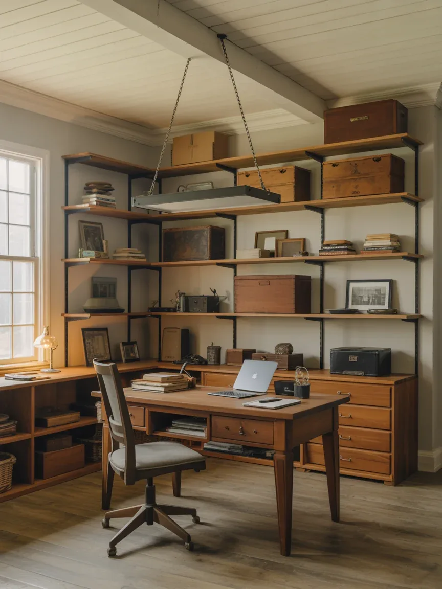 11. Vintage Farmhouse Office With Pulley Lighting 11. Vintage Farmhouse Office With Pulley Lighting