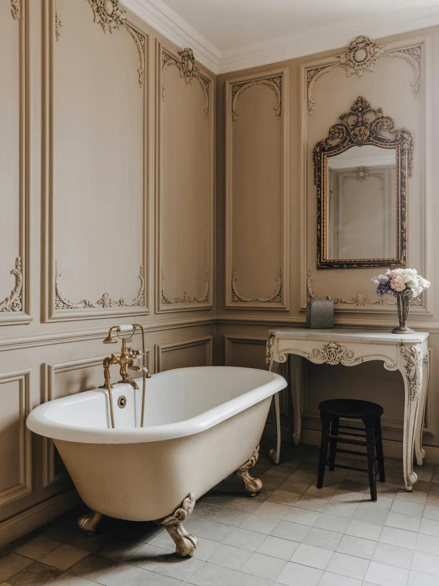 8. Vintage Parisian Bathroom With Antique Gold Fixtures 8. Vintage Parisian Bathroom With Antique Gold Fixtures