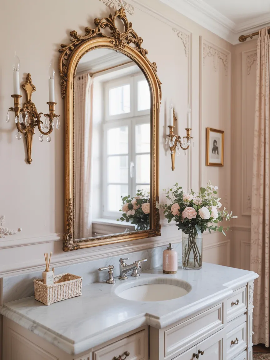 7. Vintage Parisian Bathroom With Gold Mirrors 7. Vintage Parisian Bathroom With Gold Mirrors