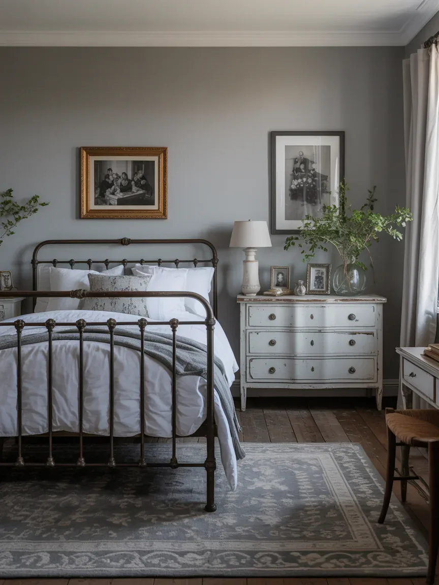 14. Vintage-Inspired Gray and White Bedroom 14. Vintage-Inspired Gray and White Bedroom