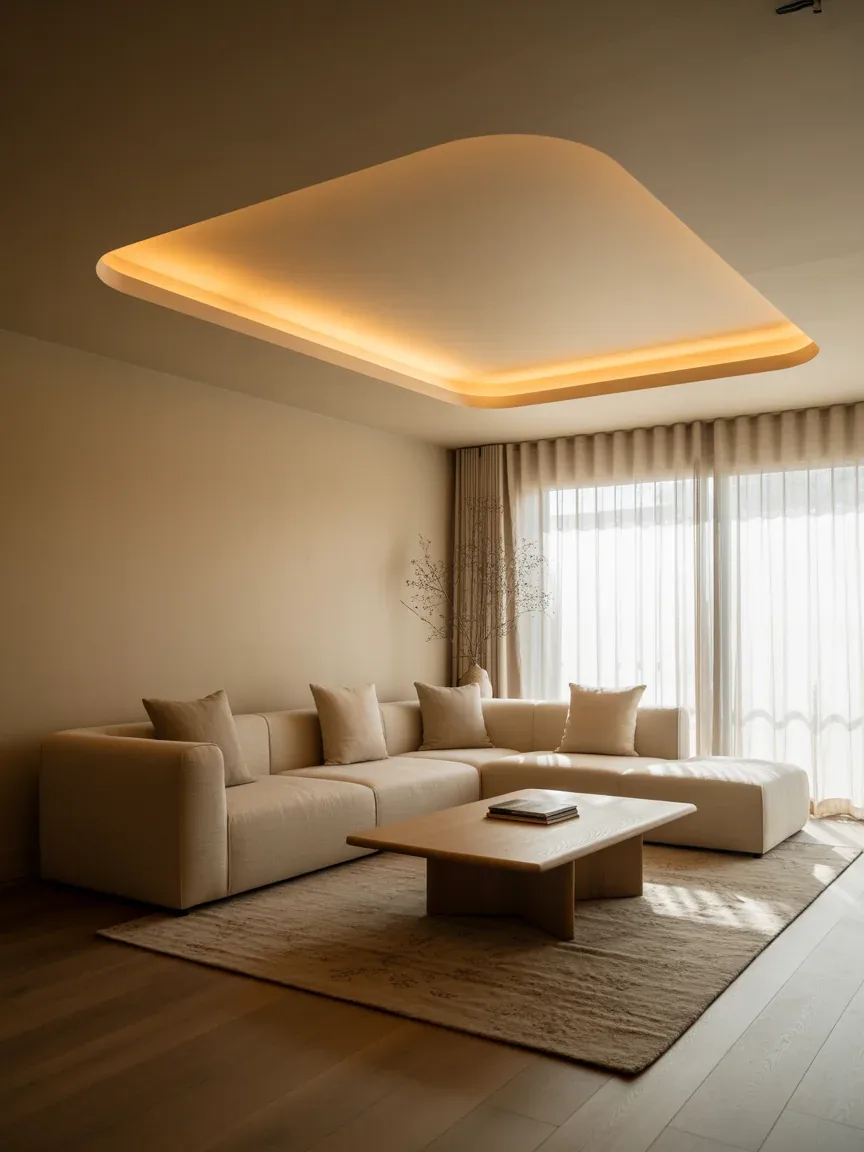 1. Warm Minimalist Living Room With Floating Cove Ceiling 1. Warm Minimalist Living Room With Floating Cove Ceiling