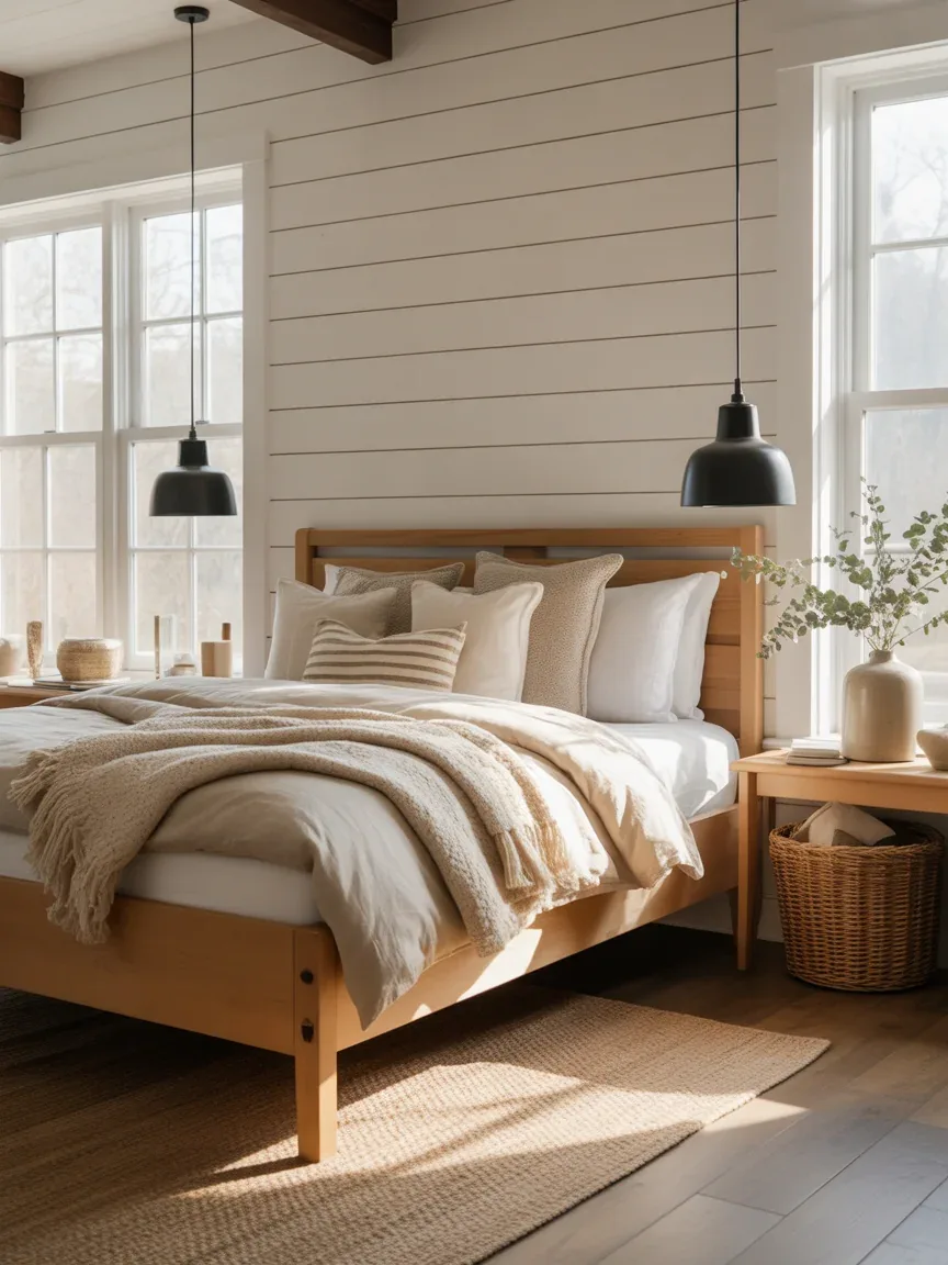 22. Warm Modern Farmhouse Bedroom With Cozy Charm 22. Warm Modern Farmhouse Bedroom With Cozy Charm