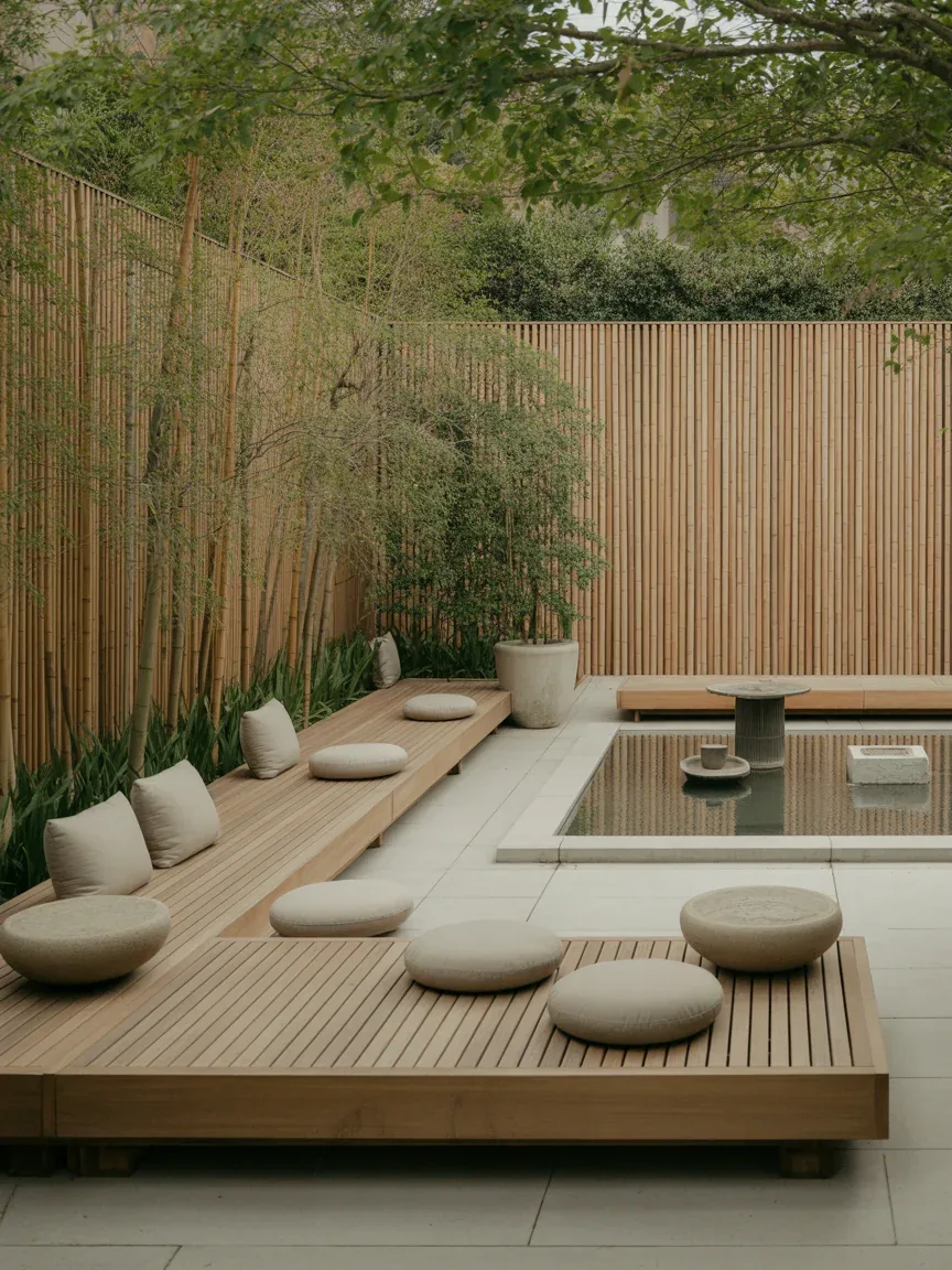 13. Zen Garden Patio With Low Seating and Stone Accents 13. Zen Garden Patio With Low Seating and Stone Accents