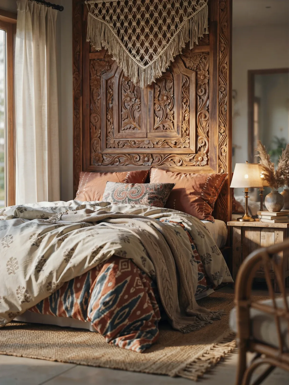 11. Boho Bedroom With A Carved Wood Headboard 11. Boho Bedroom With A Carved Wood Headboard