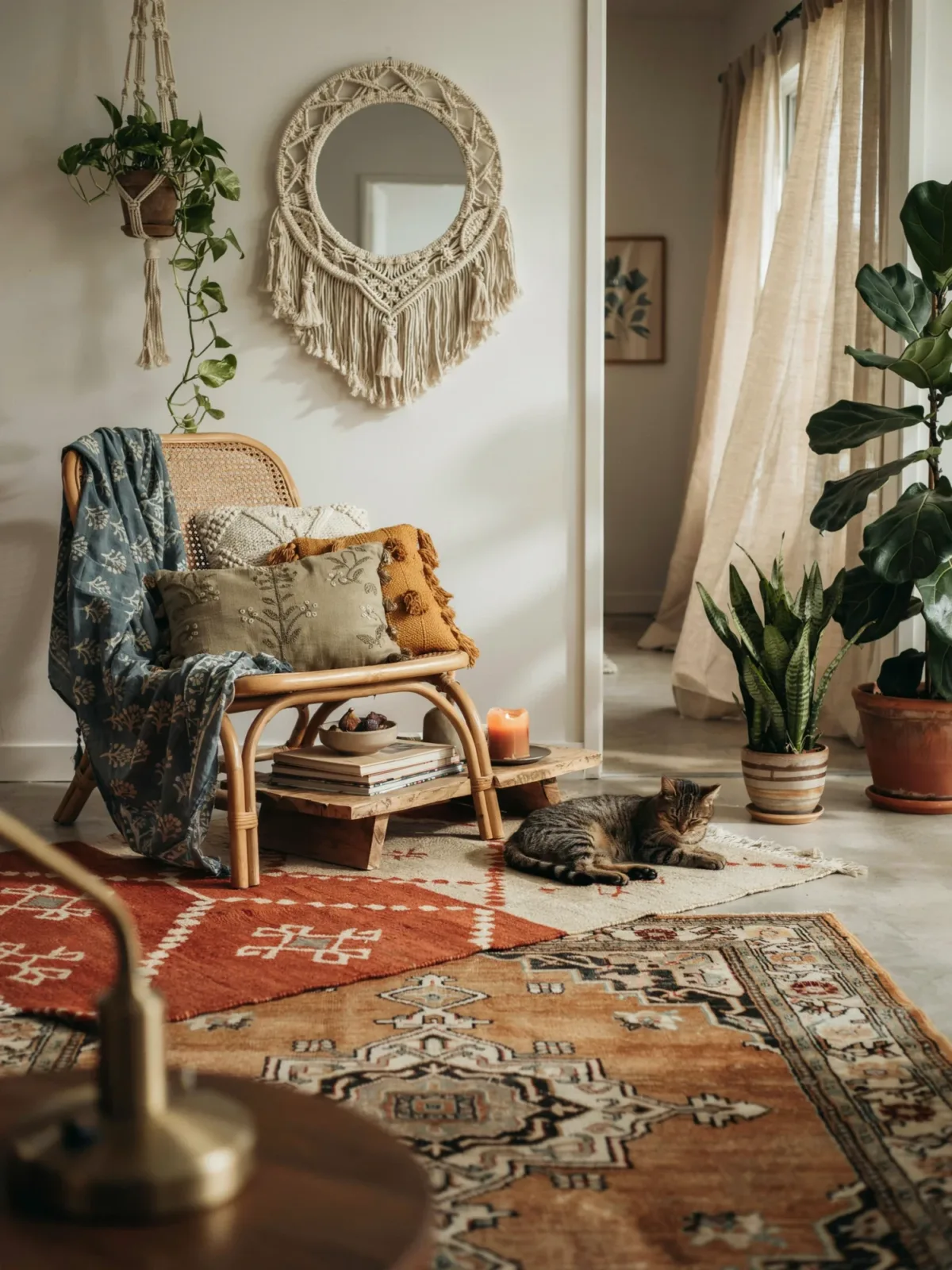 3. Boho Living Room With a Macramé-Framed Mirror 3. Boho Living Room With a Macramé-Framed Mirror