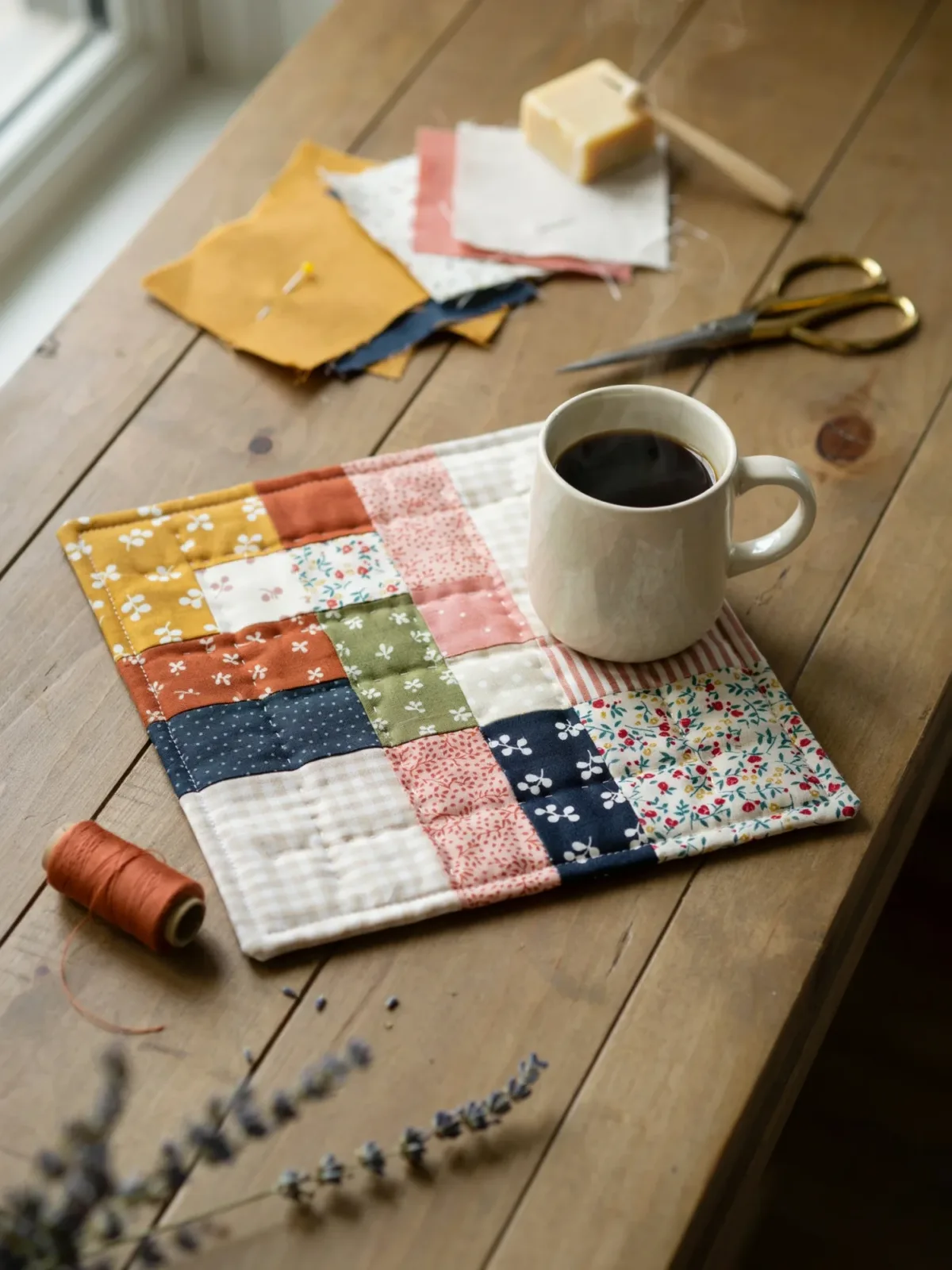 1. Classic Patchwork Mug Rug With Colorful Scrap Squares 1. Classic Patchwork Mug Rug With Colorful Scrap Squares