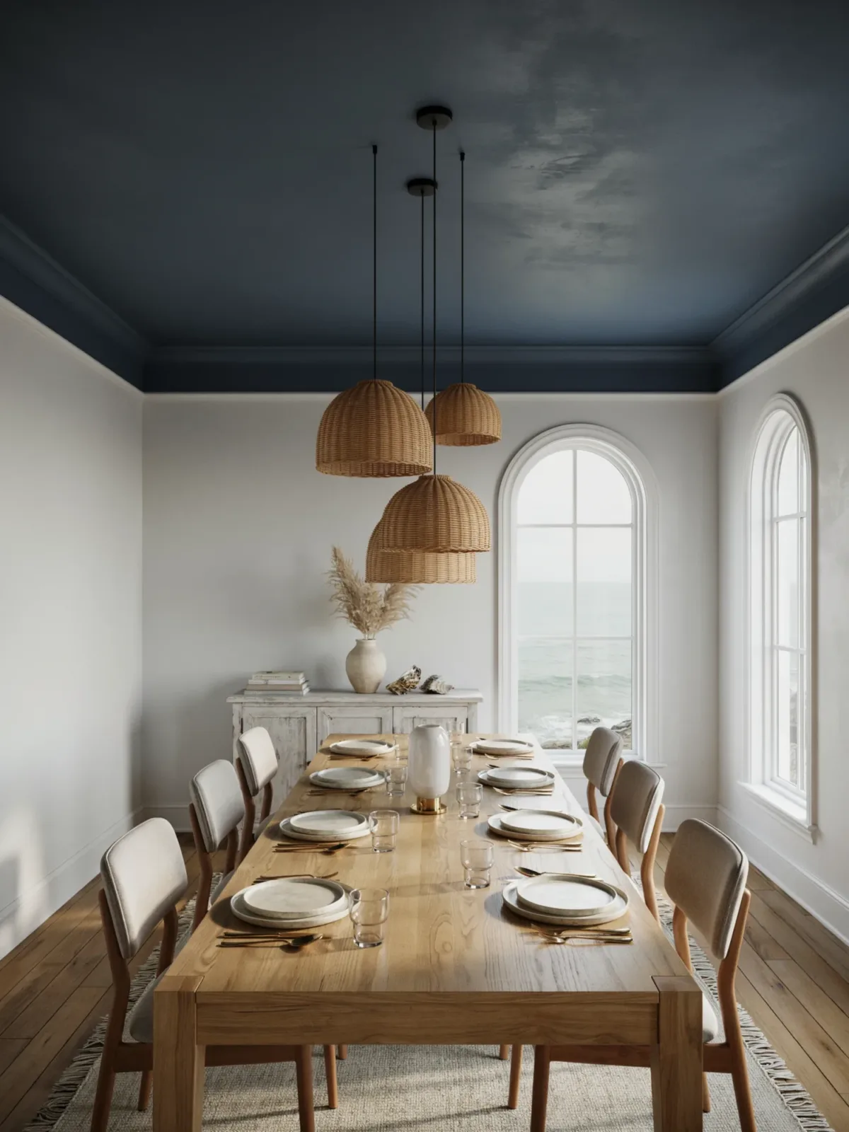 3. Coastal Dining Room With a Stormy Blue Ceiling