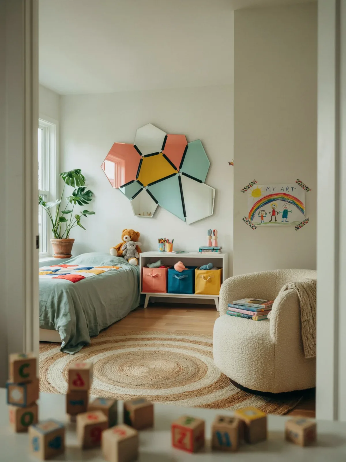 13. Colorful Kids' Room With a Painted Geometric Mirror 13. Colorful Kids' Room With a Painted Geometric Mirror