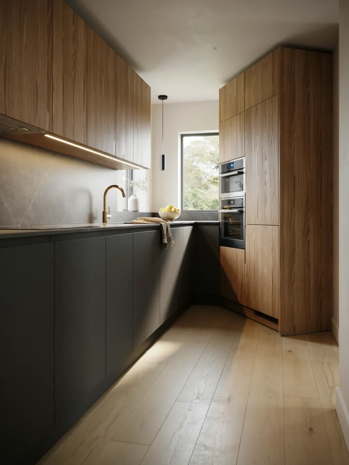 5. Contemporary Black And Wood L-Shaped Kitchen 5. Contemporary Black And Wood L-Shaped Kitchen