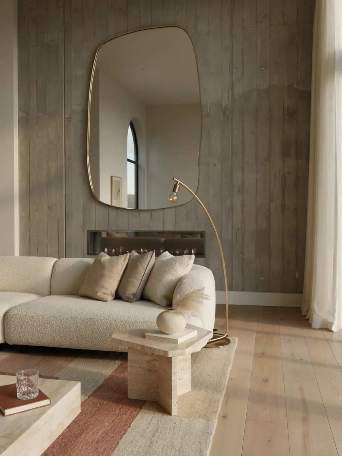17. Contemporary Fireplace Wall With Oversized Statement Mirror 17. Contemporary Fireplace Wall With Oversized Statement Mirror