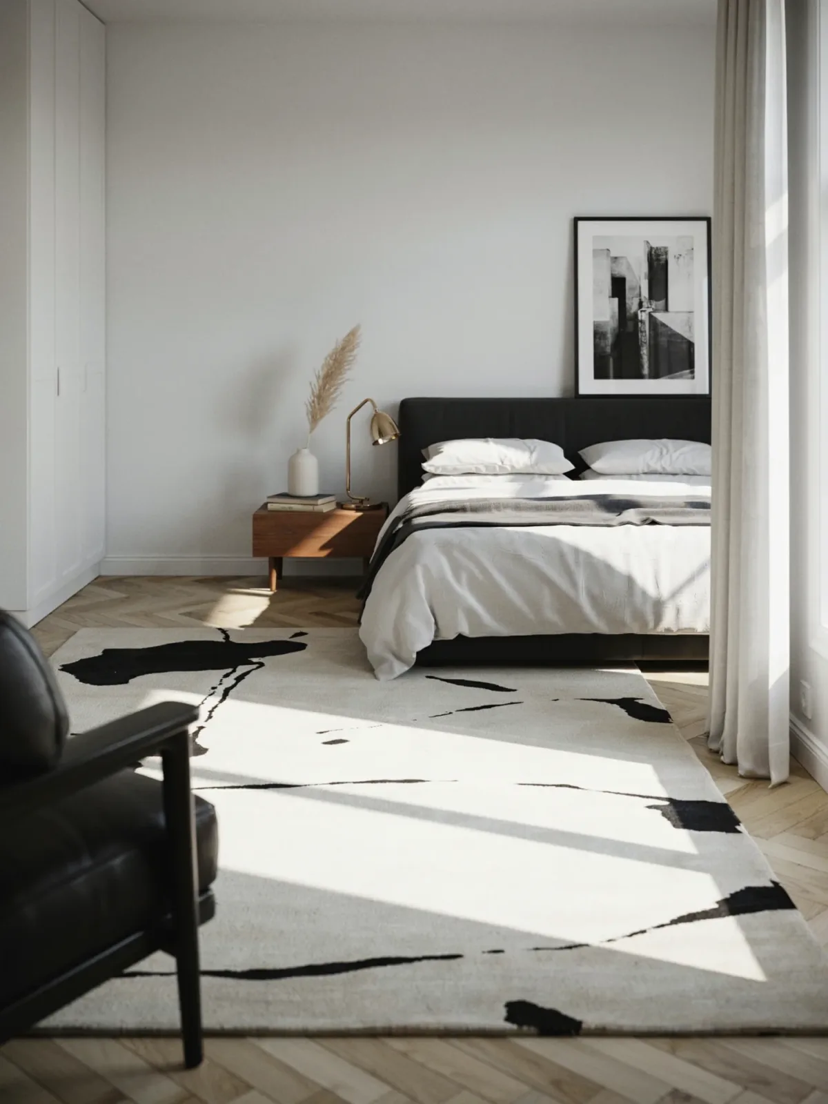 11. Contemporary Monochrome Bedroom With Abstract Rug 11. Contemporary Monochrome Bedroom With Abstract Rug