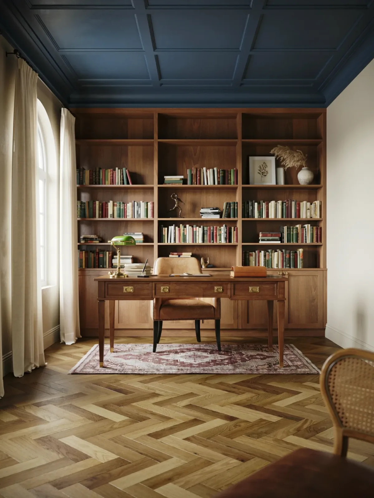 7. Contemporary Office With a Dark Blue Ceiling and Walnut Furniture