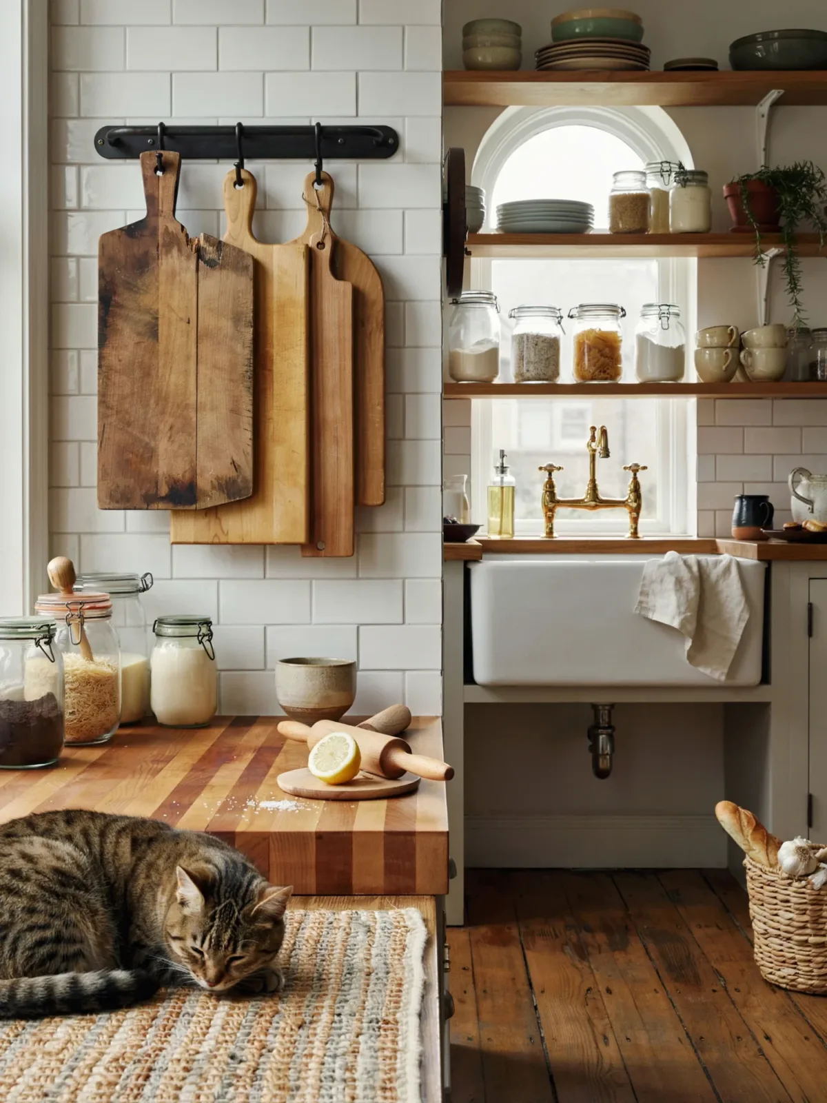 14. Cottage Kitchen With Vintage Wooden Cutting Boards 14. Cottage Kitchen With Vintage Wooden Cutting Boards