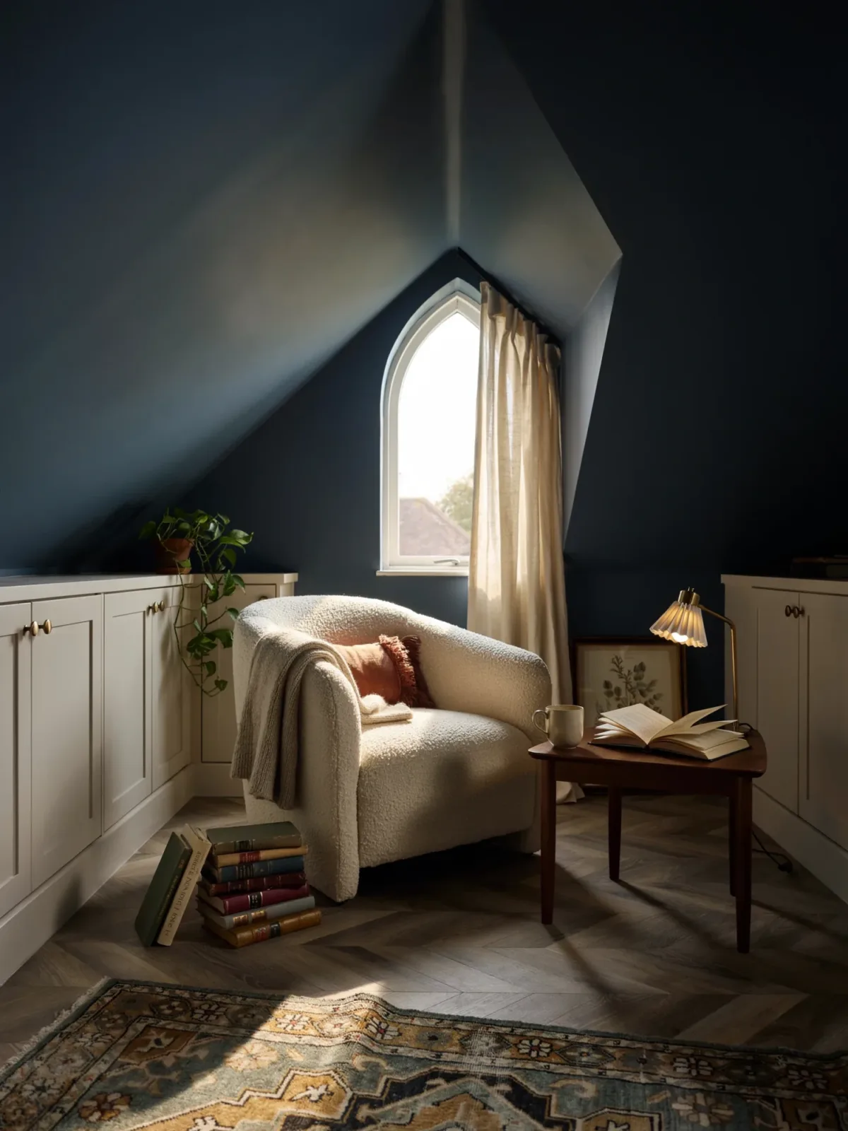 14. Cozy Attic Retreat With a Dark Blue Sloped Ceiling