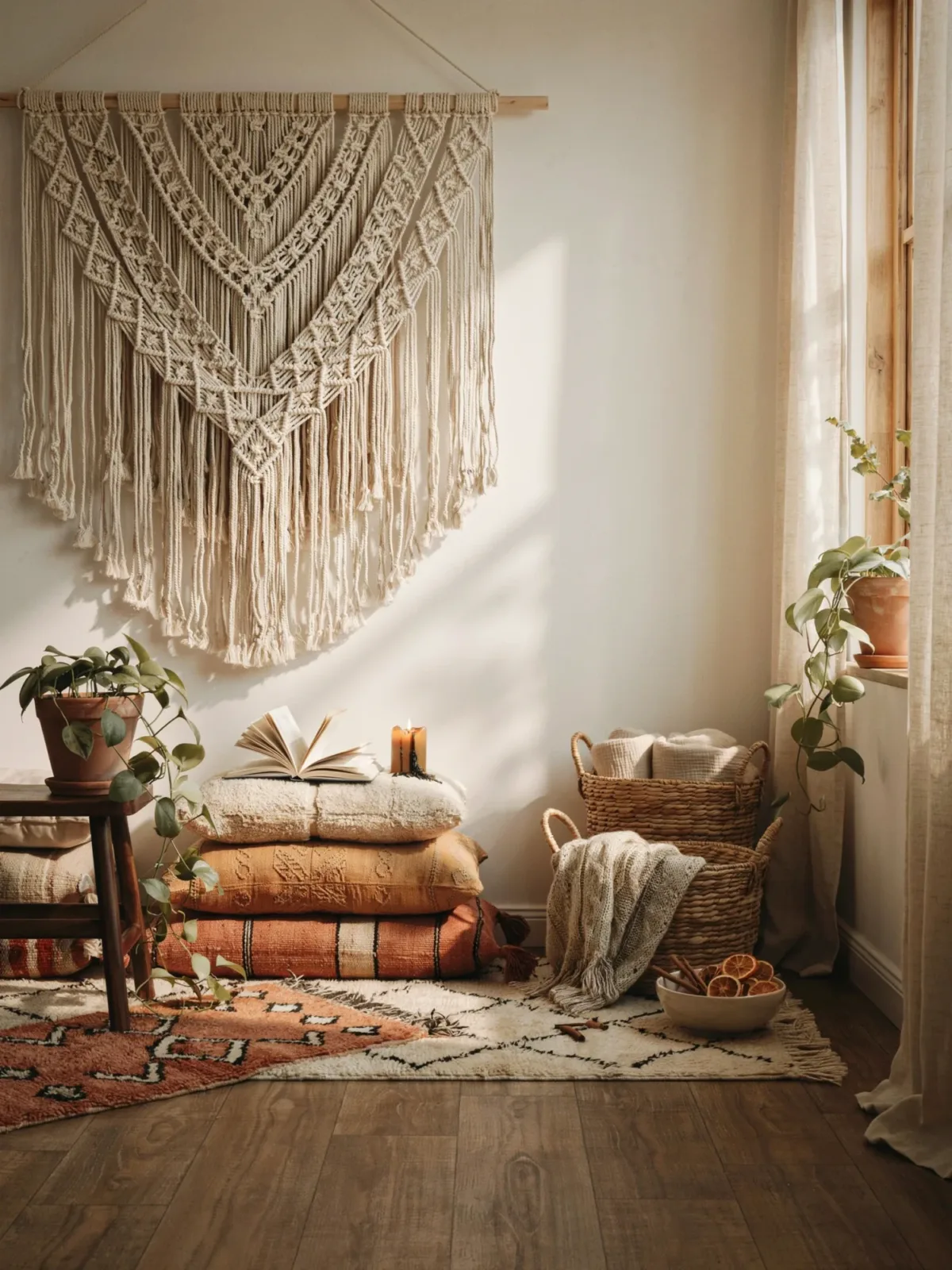 1. Cozy Boho Corner With Handmade Wall Hangings 1. Cozy Boho Corner With Handmade Wall Hangings