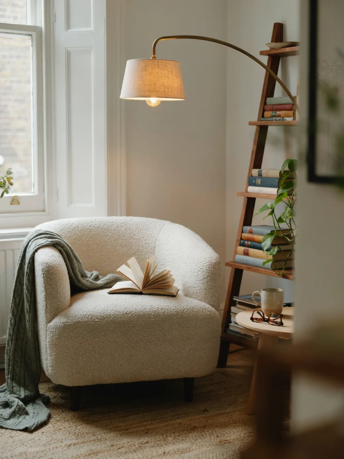 2. Cozy Reading Nook With A Walnut Ladder Shelf 2. Cozy Reading Nook With A Walnut Ladder Shelf