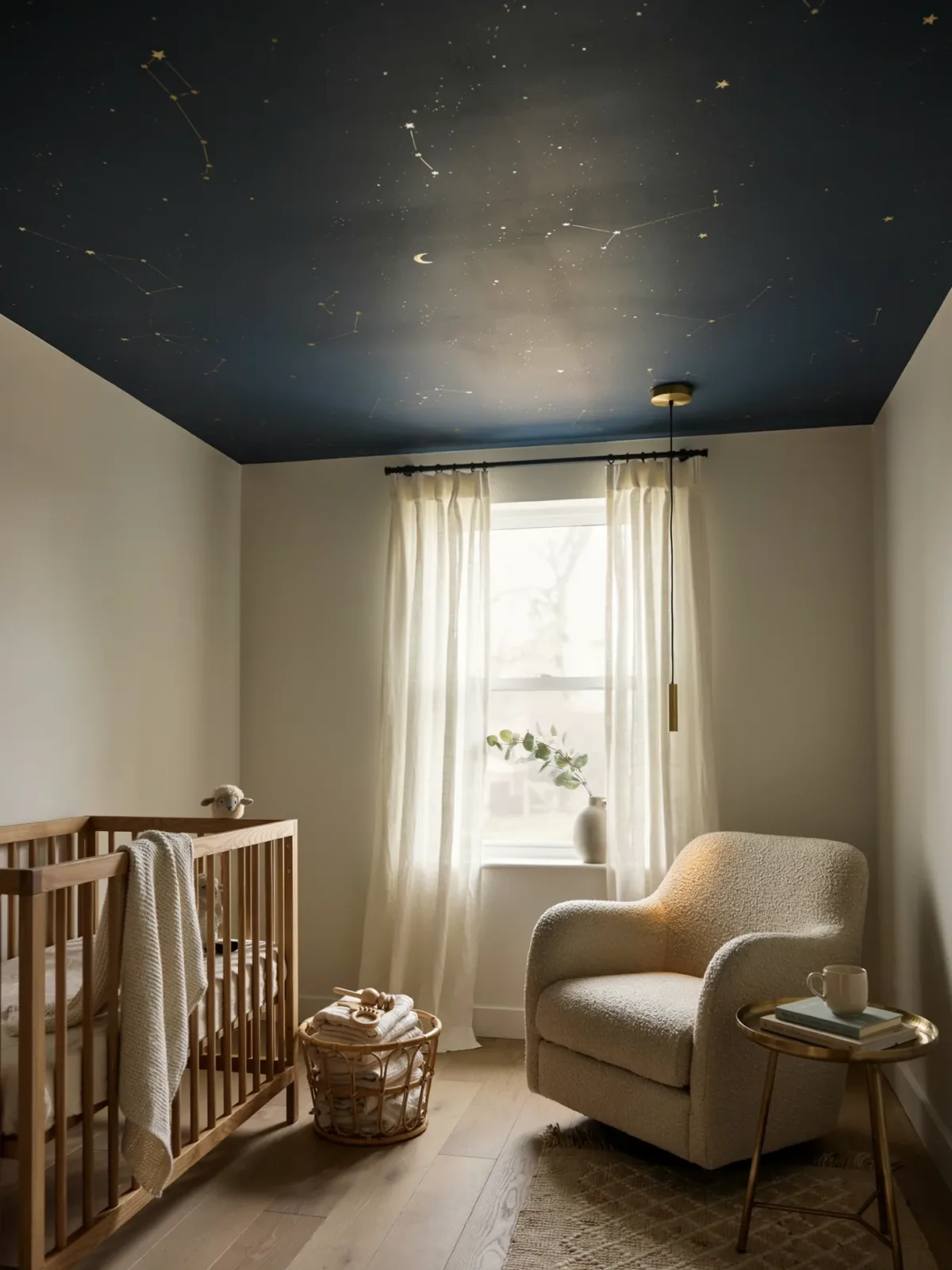 9. Dark Blue Ceiling Nursery With Storybook Magic