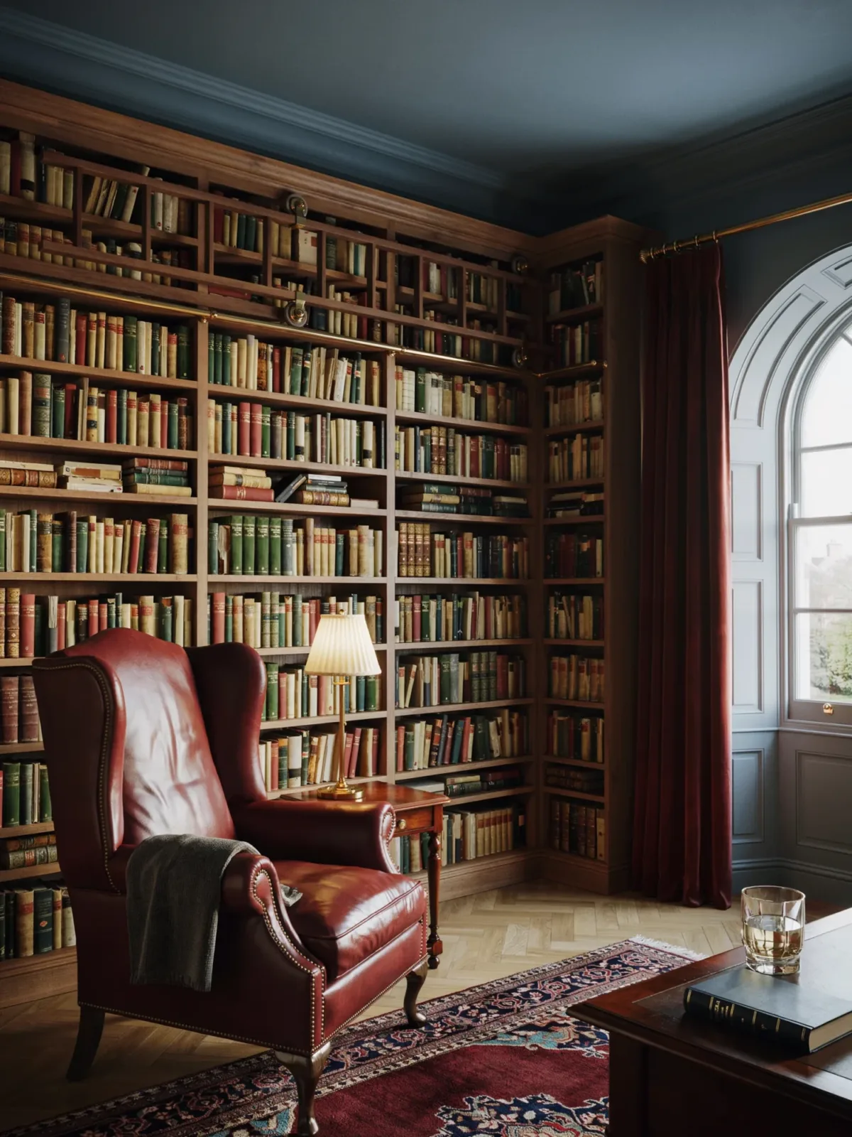 4. Dark Blue Home Library With Classic Gentleman’s Club Charm