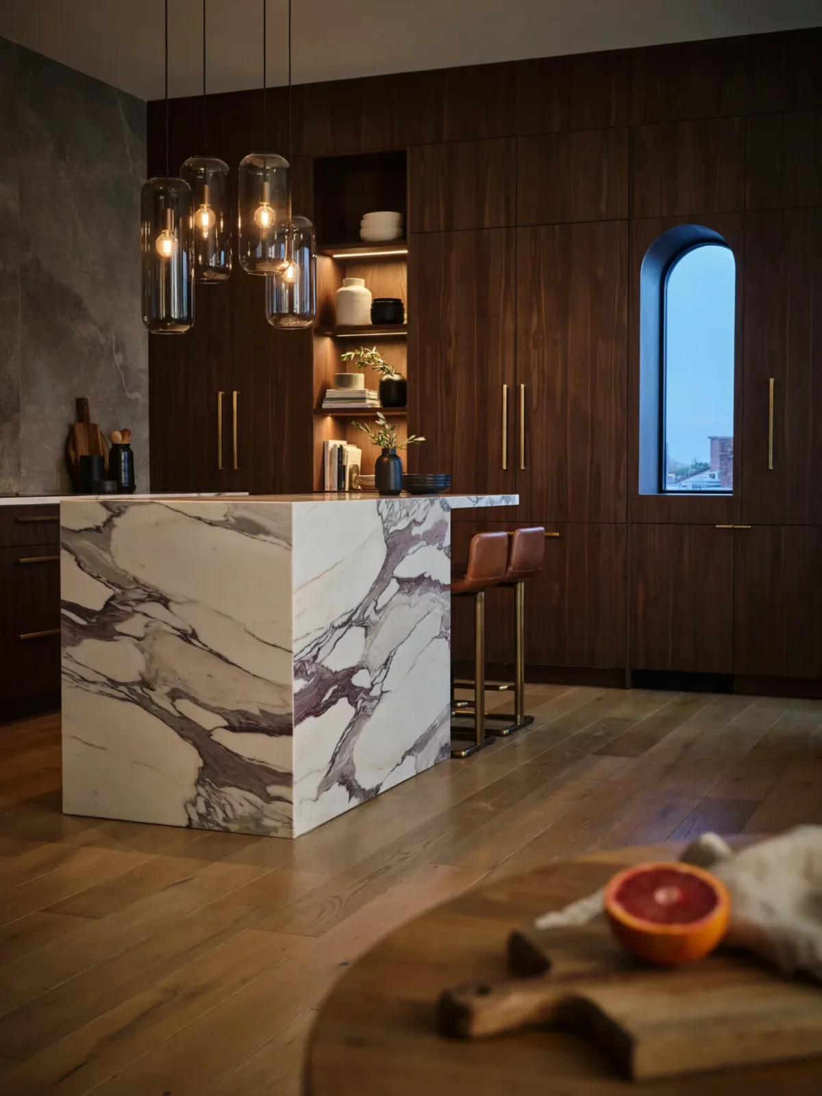 9. Dark Wood Luxury Kitchen With Dramatic Lighting 9. Dark Wood Luxury Kitchen With Dramatic Lighting