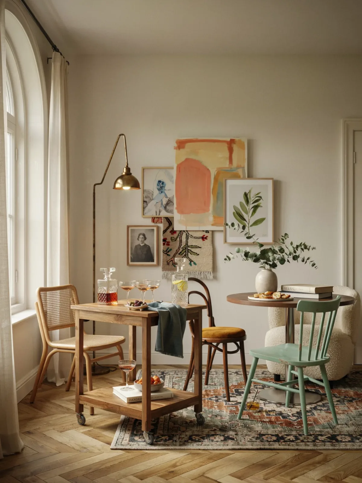 17. Eclectic Dining Space With A Handmade Wood Bar Cart 17. Eclectic Dining Space With A Handmade Wood Bar Cart