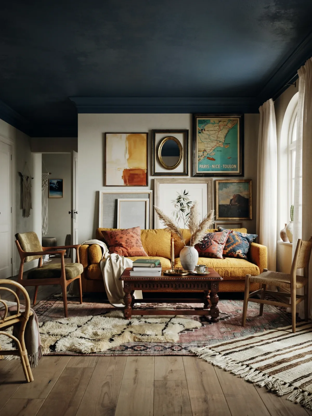 12. Eclectic Lounge With Bold Art and a Dark Blue Ceiling