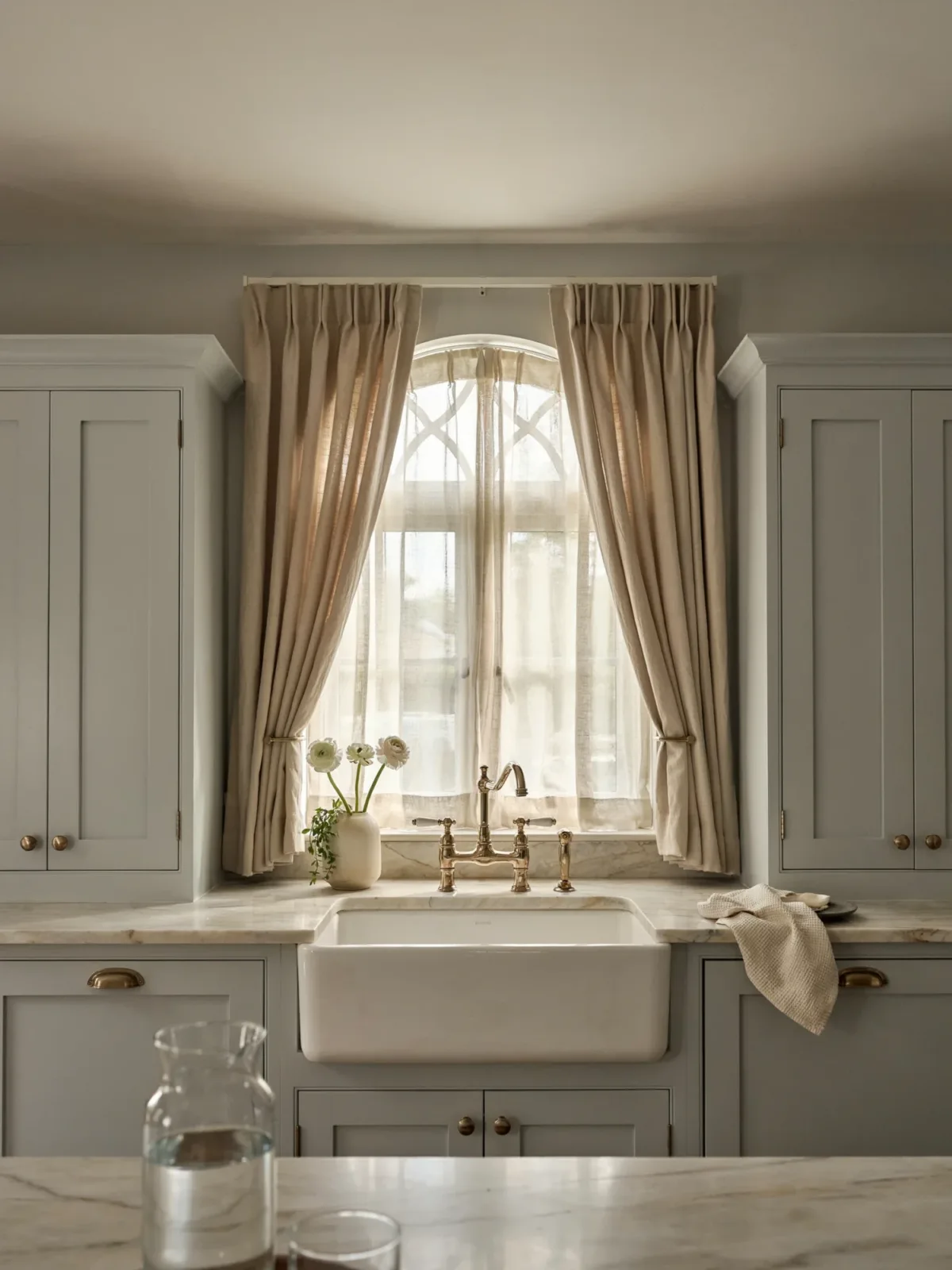 14. Elegant Transitional Kitchen With Tailored Drapery 14. Elegant Transitional Kitchen With Tailored Drapery
