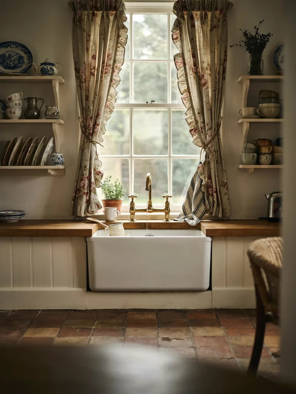 10. English Country Kitchen With Ruffled Curtains 10. English Country Kitchen With Ruffled Curtains