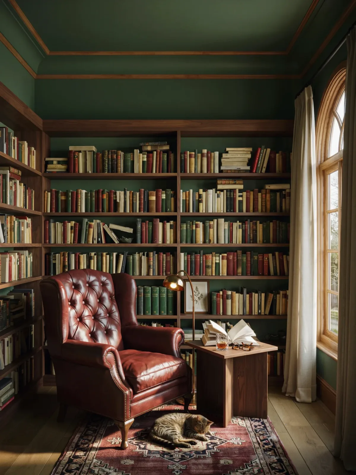 4. Forest Green Library With Vintage Character