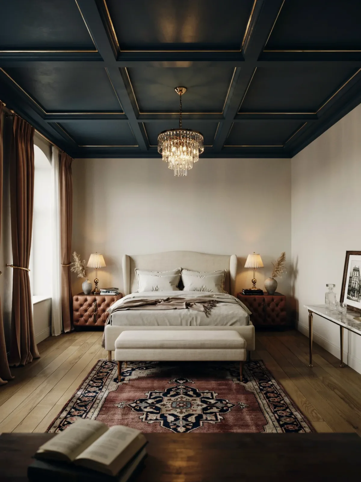 16. Grand Primary Suite With Coffered Dark Blue Ceiling