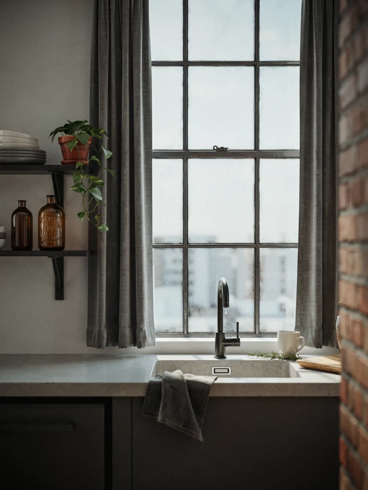 11. Industrial Chic With Charcoal Curtains 11. Industrial Chic With Charcoal Curtains