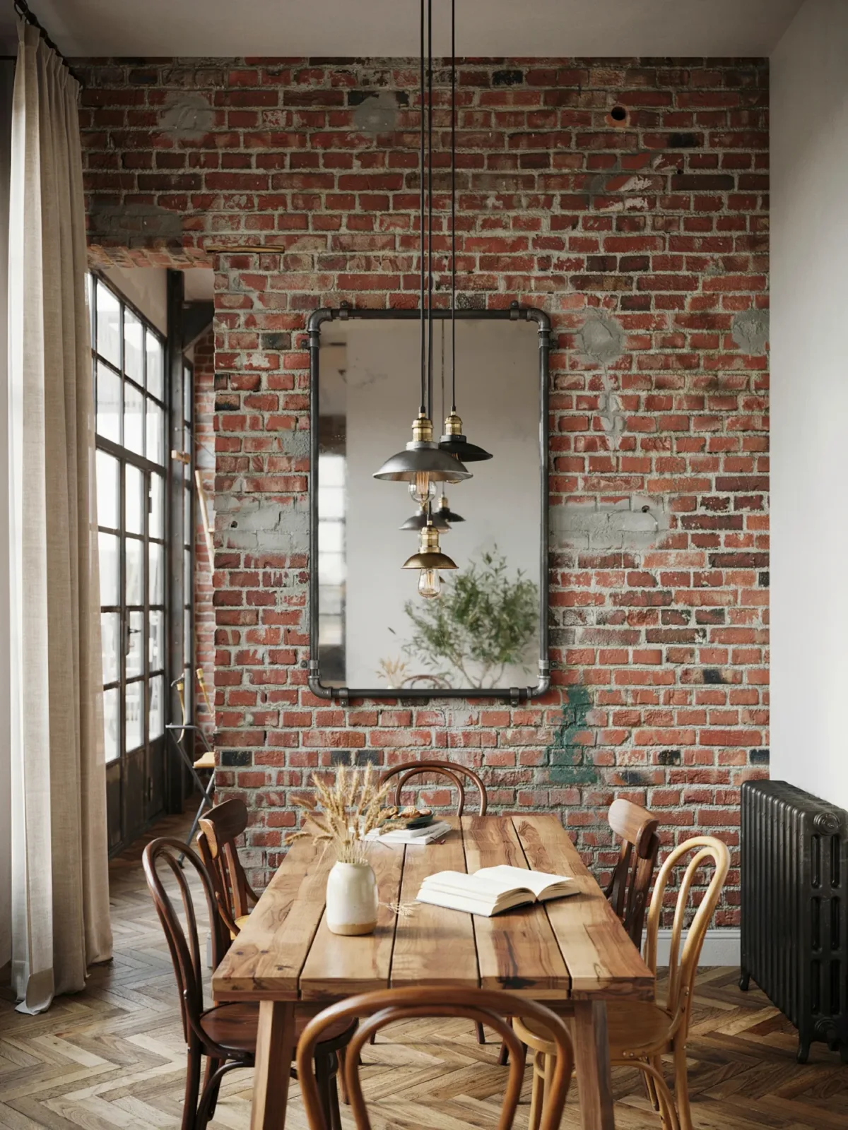 6. Industrial Loft Dining Room With a Metal Pipe Mirror 6. Industrial Loft Dining Room With a Metal Pipe Mirror