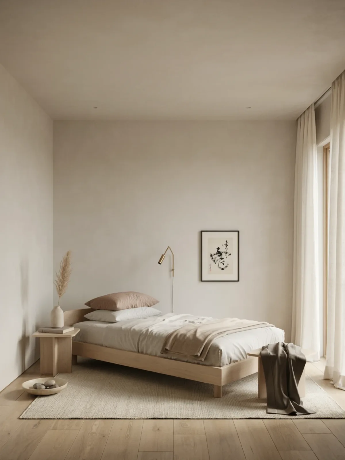 13. Japandi Bedroom With Minimal Textured Rug 13. Japandi Bedroom With Minimal Textured Rug